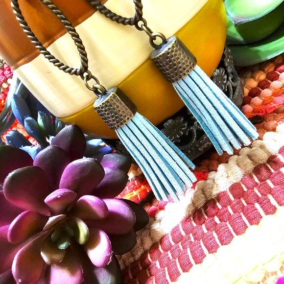 Artisan Hand Crafted Earrings Aqua Blue Faux Suede Tassels Antique Gold Pierced - Picture 6 of 7